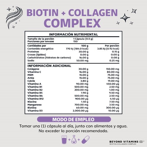 Biotina con Colágeno y Vitaminas Suplemento Alimenticio - 150 Cápsulas