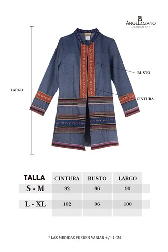 Saco de dama A ÁNGELOZANO cuello mao de mezclilla azul y aplicación étnico, AL-W46.
