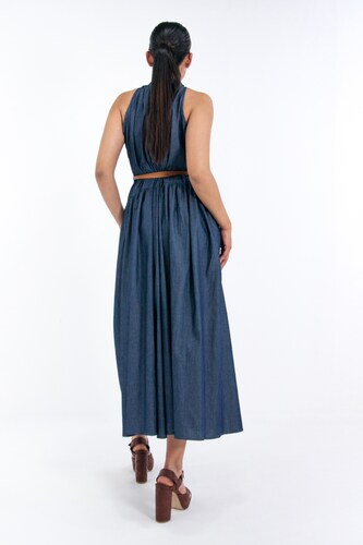 Vestido de dama A ÁNGELOZANO de mezclilla con azul, con cinto grabado camel, AL-W53.