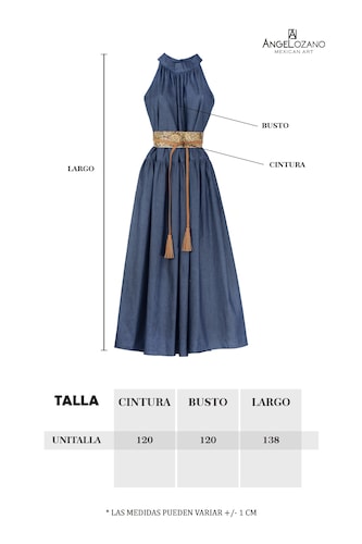 Vestido de dama A ÁNGELOZANO de mezclilla con azul, con cinto grabado camel, AL-W53.