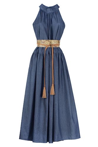 Vestido de dama A ÁNGELOZANO de mezclilla con azul, con cinto grabado camel, AL-W53.