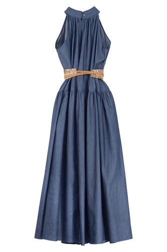 Vestido de dama A ÁNGELOZANO de mezclilla con azul, con cinto grabado camel, AL-W53.