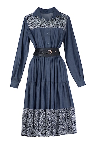 Vestido de dama A ÁNGELOZANO tipo campirano color azul mezclilla, con cinto negro hebilla, AL-W55.