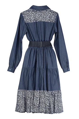 Vestido de dama A ÁNGELOZANO tipo campirano color azul mezclilla, con cinto negro hebilla, AL-W55.