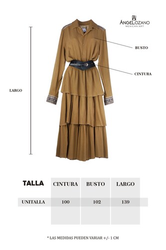 Vestido de dama A ÁNGELOZANO tipo vaquero color Caramelo, con aplicación étnica y cinto hebilla negro, AL-W58.