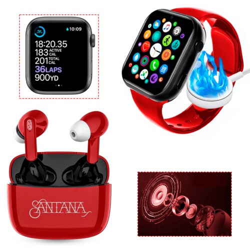 Smartwatch Reloj  Inteligente T800 Reloj Deportivo Inteligente Bluetooth mas Audifonos Inalambricos Santana Color Rojo.