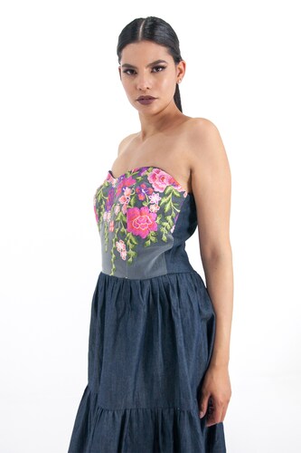 Vestido de dama A ÁNGELOZANO tipo corset, escote corazón con telar rosa, de mezclilla, AL-W60.