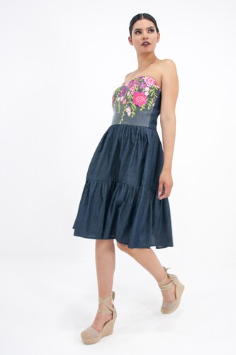 Vestido de dama A ÁNGELOZANO tipo corset, escote corazón con telar rosa, de mezclilla, AL-W60.
