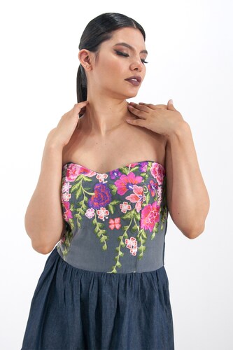 Vestido de dama A ÁNGELOZANO tipo corset, escote corazón con telar rosa, de mezclilla, AL-W60.