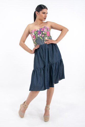 Vestido de dama A ÁNGELOZANO tipo corset, escote corazón con telar rosa, de mezclilla, AL-W60.