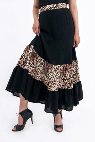 Falda de dama A ÁNGELOZANO maxi falda manta teñida animal print, color negro, AL-W65.