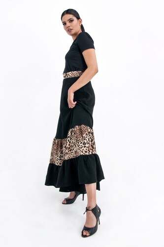 Falda de dama A ÁNGELOZANO maxi falda manta teñida animal print, color negro, AL-W65.