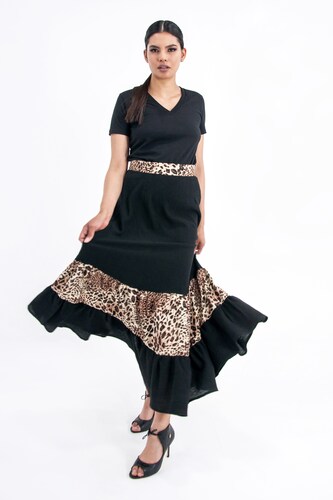 Falda de dama A ÁNGELOZANO maxi falda manta teñida animal print, color negro, AL-W65.