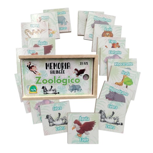 Juego De Mesa Memoria Didáctico Bilingüe Animales Zoológico Madera Más Caja