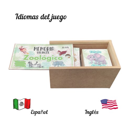 Juego De Mesa Memoria Didáctico Bilingüe Animales Zoológico Madera Más Caja