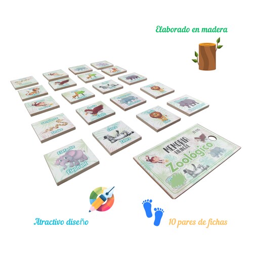Juego De Mesa Memoria Didáctico Bilingüe Animales Zoológico Madera Más Caja