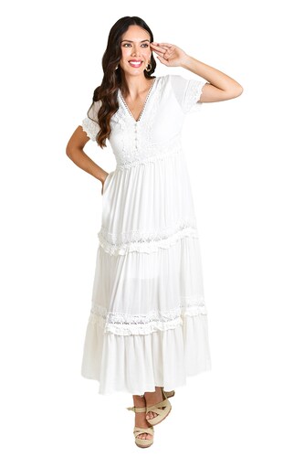 Vestido midi con detalle de encanje /Juvenil, 518 (Blanco) 