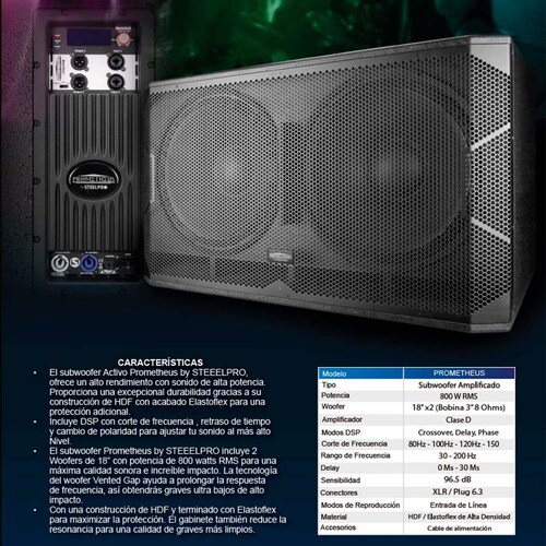 Subwoofer Amplificado Doble 18 Dsp 800w Prometheus Steelpro.