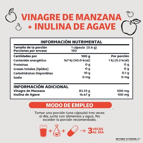 Vinagre de Manzana, Inulina de Agave, Vitaminas Suplemento Alimenticio - 150 Cápsulas