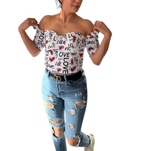 Blusa Top San Valentin Blanca Love Corazones Rojos DM. 