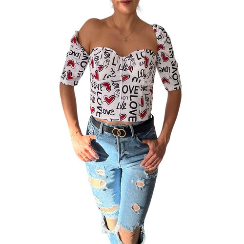 Blusa Top San Valentin Blanca Love Corazones Rojos DM. 