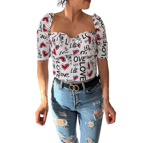Blusa Top San Valentin Blanca Love Corazones Rojos DM. 