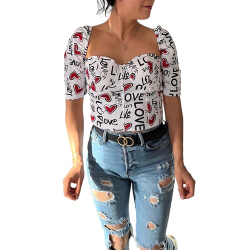 Blusa Top San Valentin Blanca Love Corazones Rojos DM. 
