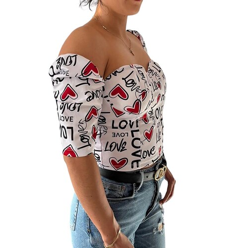 Blusa Top San Valentin Blanca Love Corazones Rojos DM. 