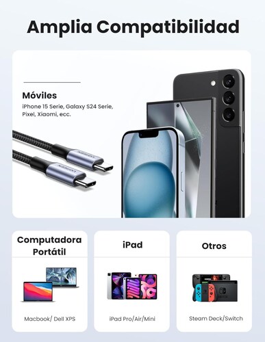 Cable USB-C a Tipo C 60W Ugreen Reversible con Nylón de 2m Negro.