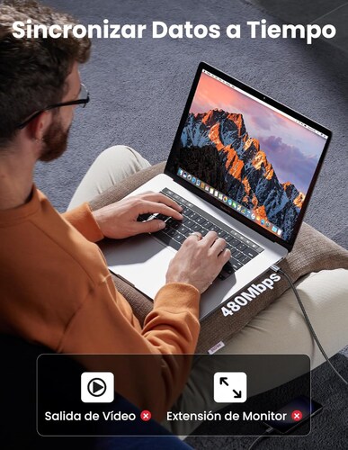 Cable USB-C a Tipo C 60W Ugreen Reversible con Nylón de 2m Negro.