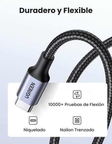 Cable USB-C a Tipo C 60W Ugreen Reversible con Nylón de 2m Negro.