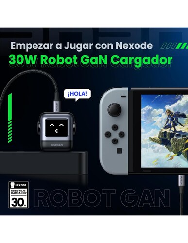 Cargador GaNRobot Tipo C Carga Rápida Ugreen 30W con pantalla digital Gris