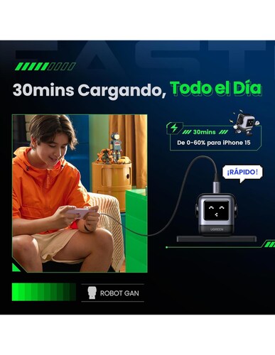 Cargador GaNRobot Tipo C Carga Rápida Ugreen 30W con pantalla digital Gris