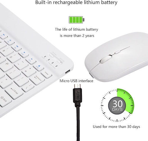 Teclado + Ratón Bluetooth Inalámbrico Recargable para Tablet Tamaño 10 Pulgadas (Blanco).