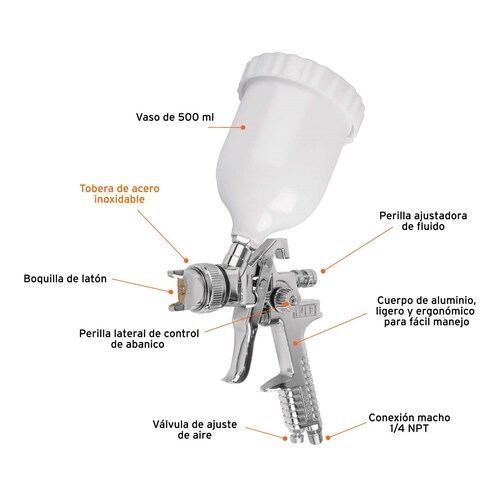 Pistola p/pintar gravedad HVLP vaso plástico, 1.4 mm, Truper.