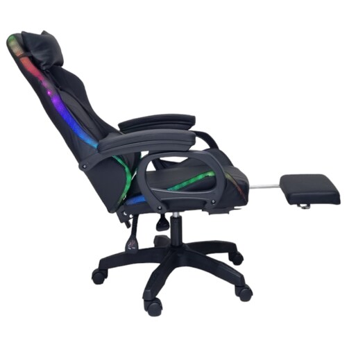 Silla Gamer Led RGB con masajeador, descansa pies, reclinable Negra.