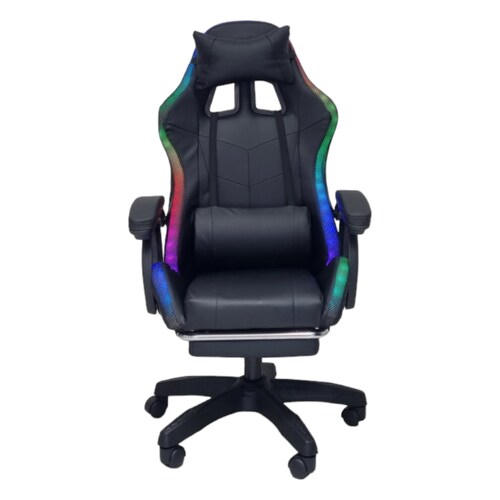 Silla Gamer Led RGB con masajeador, descansa pies, reclinable Negra.