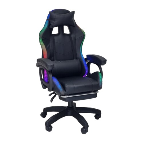 Silla Gamer Led RGB con masajeador, descansa pies, reclinable Negra.