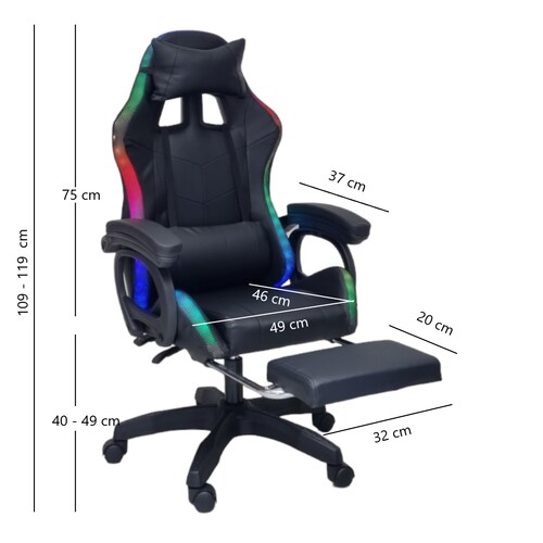 Silla Gamer Led RGB con masajeador, descansa pies, reclinable Negra.