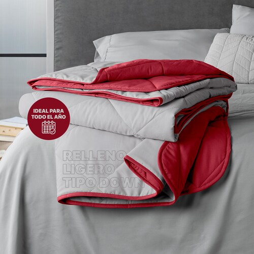 Edredón Colcha Ligero de Doble Vista Queen Size Gris Claro - Rojo Real Textil