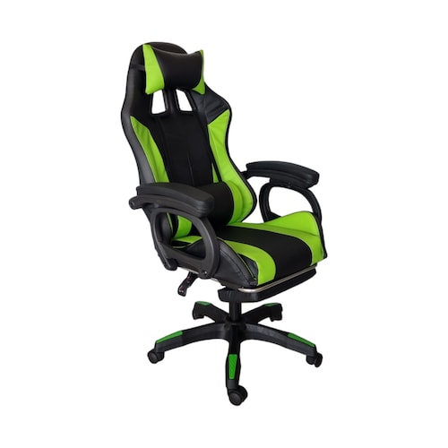 Silla Gamer Led RGB con masajeador, descansa pies, reclinable Verde con Negro