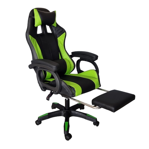 Silla Gamer Led RGB con masajeador, descansa pies, reclinable Verde con Negro