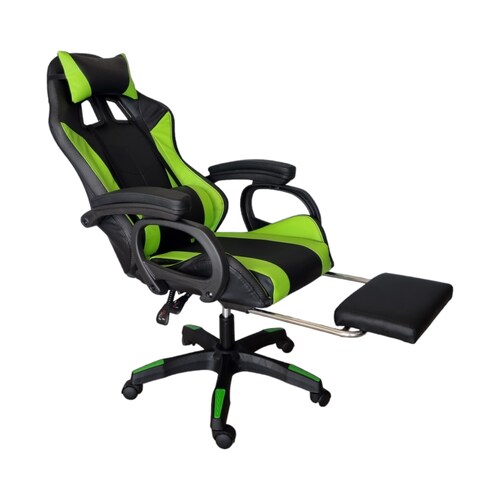 Silla Gamer Led RGB con masajeador, descansa pies, reclinable Verde con Negro