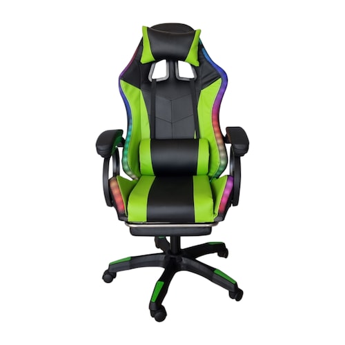 Silla Gamer Led RGB con masajeador, descansa pies, reclinable Verde con Negro