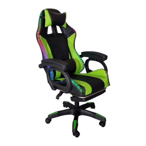 Silla Gamer Led RGB con masajeador, descansa pies, reclinable Verde con Negro