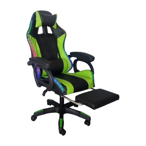 Silla Gamer Led RGB con masajeador, descansa pies, reclinable Verde con Negro