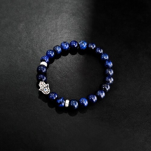 Pulsera Mano Fátima Plata .925 Hombre de piedra lapislázuli.