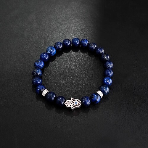 Pulsera Mano Fátima Plata .925 Hombre de piedra lapislázuli.