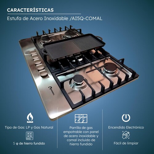 Estufa 5 quemadores acero inoxidable comal incluido