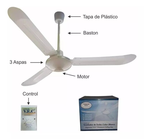 Ventilador de techo Supreme VEC VEC-961 blanco con 3 aspas de metal, 56 pulgadas de diámetro 110 V.